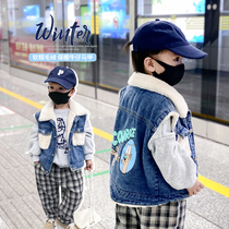 Boy Autumn Winter Dress Denim Machia Child Plus Suede Thickened Foreign Air Cartoon Print Outside Wearing Male Baby Fall Jacket