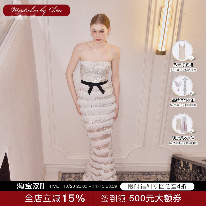 Wardrobes by Chen White Sequin Engagement Dinner Dress High-Waisted Strapless Fishtail Dress Wardrobes by Chen White Sequin Engagement Dinner Dress High-Waisted Strapless Fishtail Dress