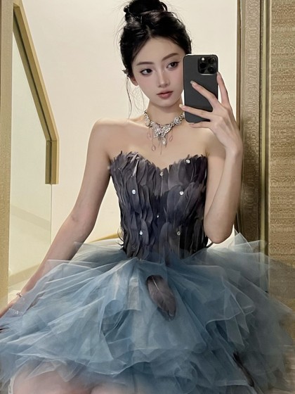 定制新款显瘦修身羽毛晚礼服舞会晚宴生日年会派对表演蓬蓬裙短款