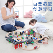 Wooden children electric train toy boy puzzle rail car set high-speed rail 3-5-7 years old assembly building block