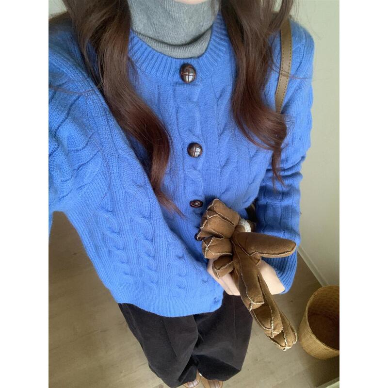 Blue Cable-Knit Cardigan for Women, Early Autumn Outfit, Loose Korean Style, Lazy Winter Sweater, Round Neck Top