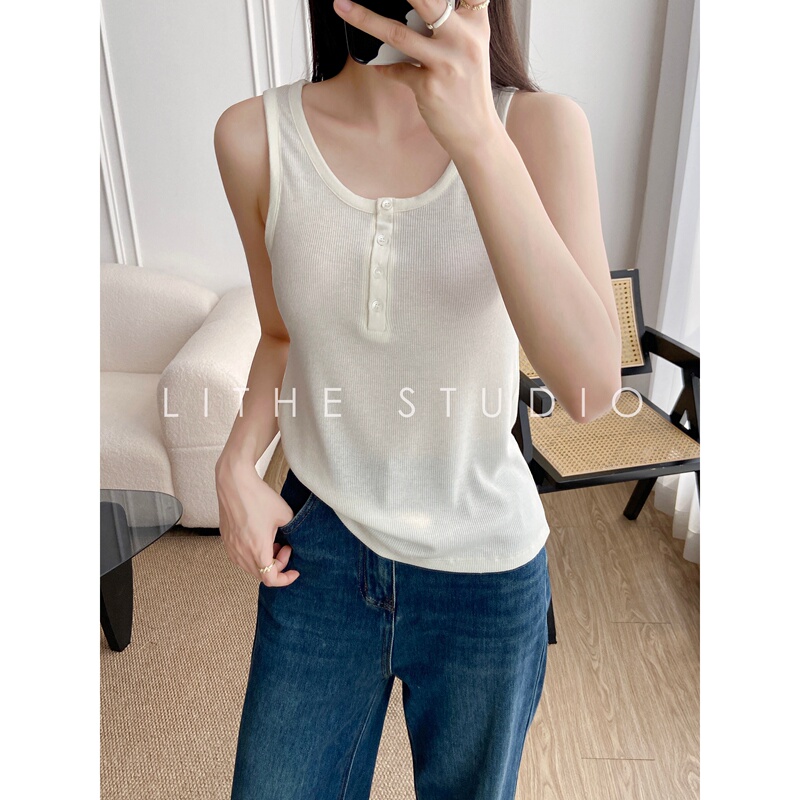 Acetate Linen Vest for Women, Summer Outerwear, Tencel Henley Collar, Buttoned Sleeveless T-Shirt, Slim Fit Inner Camisole Top