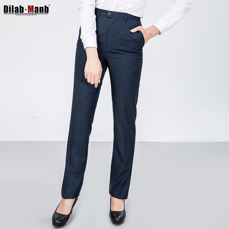 Daimon Women's Navy Striped Work Pants, Slim High-Waisted Cargo Pants, Formal Straight-Leg Pants, Plus Size