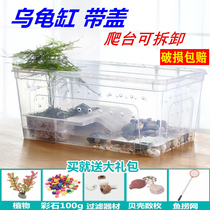 Plastic small turtle tank with drying platform landscaping small pet turtle special tank ecological cylinder Brazilian turtle breeding box with cover