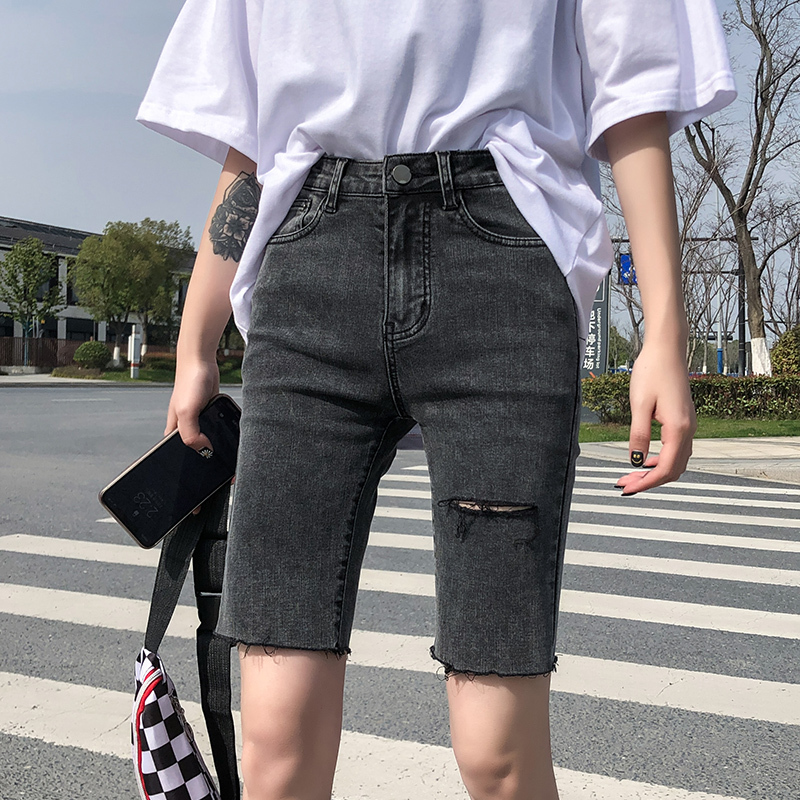 Gray Denim Shorts for Women, Summer 2025 New Style, Elastic High-Waisted, Tight-Fitting Black 5-Point Biker Shorts with Holes