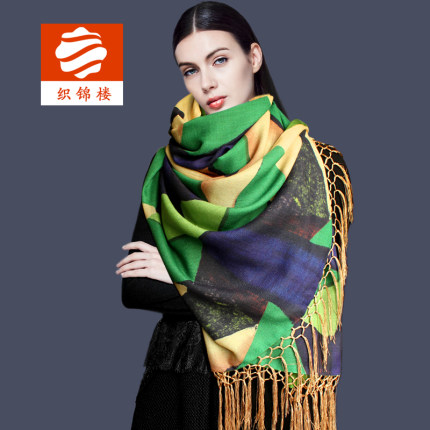 楼 羊毛桑蚕丝混纺双层双面柔软围巾女薄款流