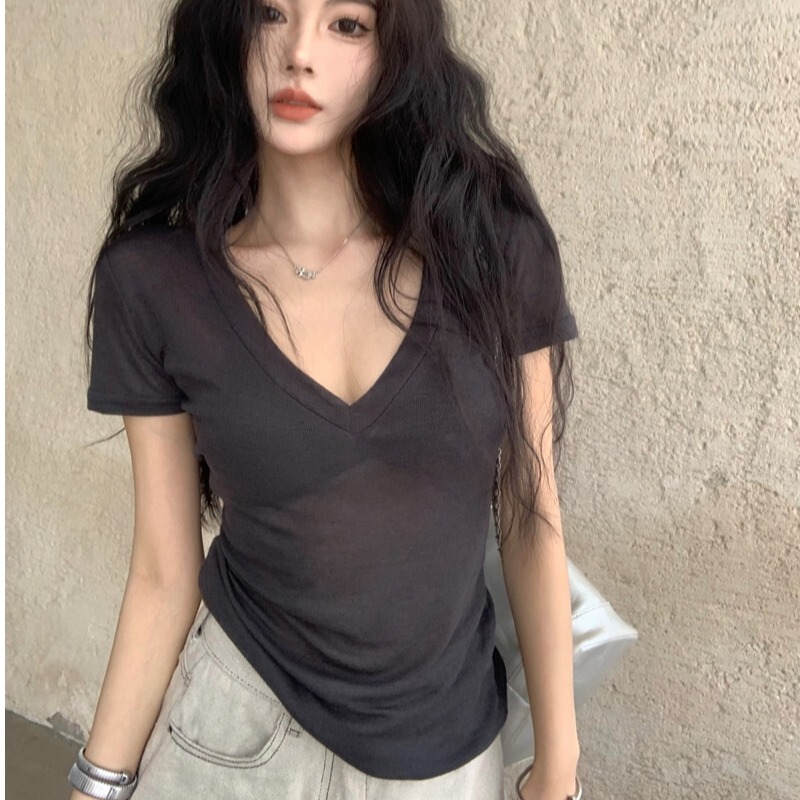 High-End Pure Desire Summer Hot Girl Style Thin Slightly See-Through Sexy V-Neck T-Shirt for Women, Fashionable and Stylish Clavicle-Baring Short-Sleeve Top
