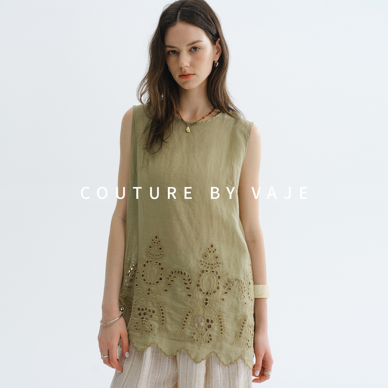 Vaje Super Pretty Jacquard Hollow-Out Ramie Lace Blouse for Women Summer 2026 French Green Sleeveless T-Shirt Top