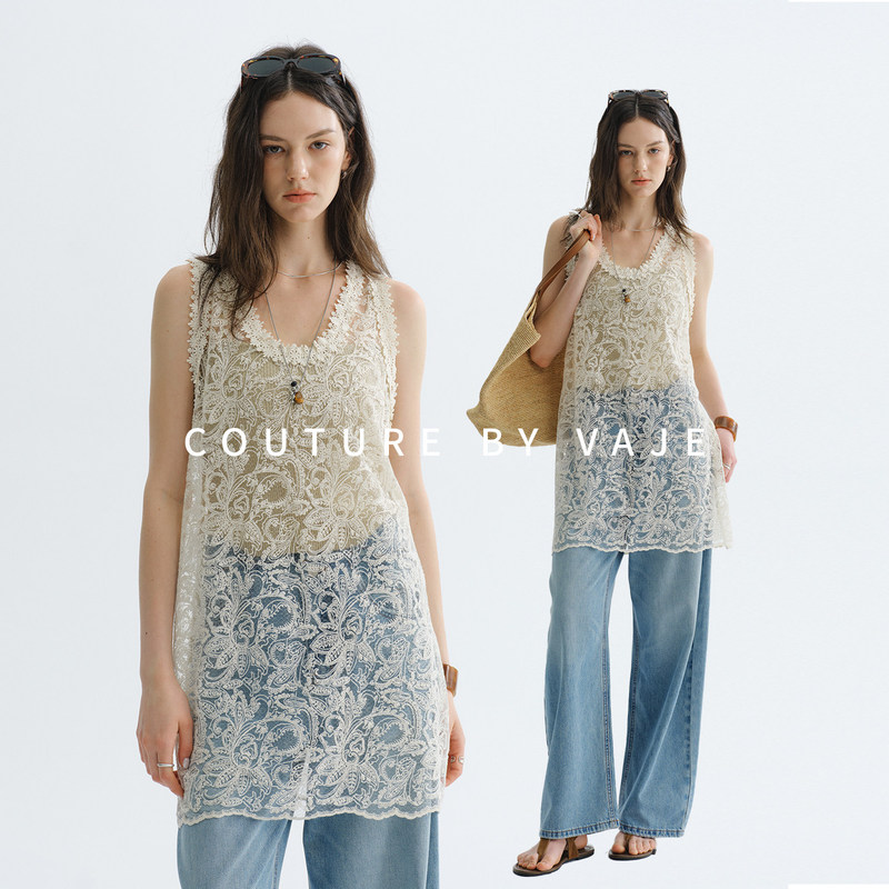 [New Arrivals in August] Vaje Light Luxury High-End Heavy-Duty Hollow-Out Lace Blouse for Women, Summer Thin Top