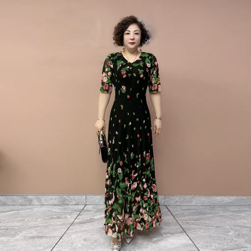高端气质显瘦台湾沙定位花大摆裙中老年妈妈装减龄大码高弹连衣裙