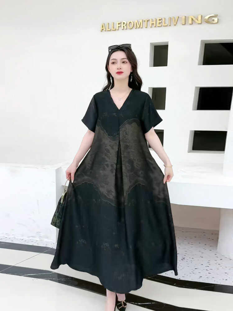 2024新款新中式中长款国风大码真丝连衣裙高级感显瘦减龄妈妈裙子