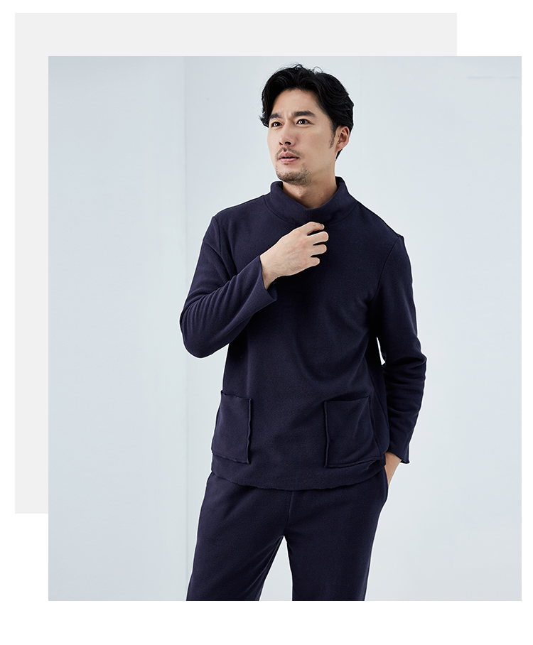 Top đồ ngủ nam mùa thu màu rắn thời trang nửa cổ cao phiên bản Hàn Quốc của bộ đồ dịch vụ gia đình nam thoải mái thoáng khí có thể mặc kiểu đồ bộ may vải thun