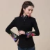 Mùa thu mới gió quốc gia Trung Quốc phụ nữ thêu áo cổ áo khóa tay áo retro kèn tay áo thun dài tay áo thun tay lỡ Áo phông