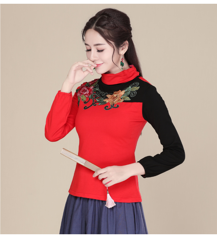 Mùa xuân 2018 gió quốc gia Trung Quốc phụ nữ thêu cổ cao chạm đáy áo cotton thêu kích thước lớn áo dài tay áo sơ mi công sở nữ