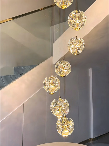 Modern Duplex Staircase Loft Luxury Crystal Ball Chandelier Apartment Open-Air Spiral Staircase Villa Living Room Lamp