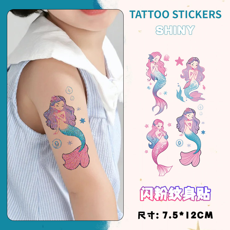 Mermaid Glitter Tattoo Stickers for Kids, Cartoon Cute Hand-Painted Style Colorful Stickers, Waterproof and Long-Lasting for Women