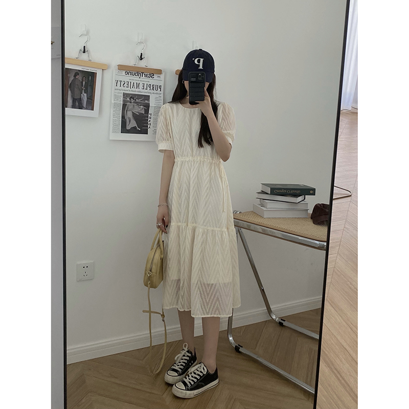 HHYEEE dress waist waist summer new design apricot color gentle first love sweet lantern sleeve chiffon skirt