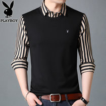 Playboy mens fake two-piece long sleeve T-shirt striped shirt plus velvet padded knit base shirt warm top