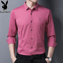 Playboy premium style shirt men long sleeve autumn dress Korean business high end embroidered shirt men pink inch shirt