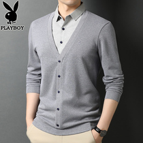 Playboy autumn mens long sleeve T-shirt Korean shirt collar V-neck knitwear father middle-aged fake two men