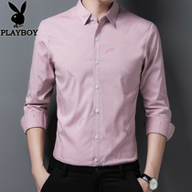 Playboy shirt men long sleeve spring and autumn Korean fashion casual pink shirt mens thin print shirt
