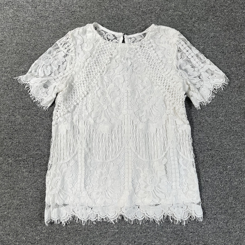 European and American Export Pure Cotton Single-Layer Exquisite Water-Soluble Lace Women's Top T-Shirt with Keyhole Lining, Solid Color Round Neck for Summer