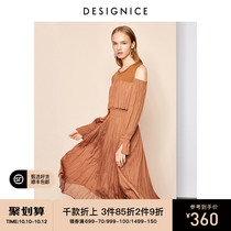 Shopping mall with the same model Dessenis spring French high waist retro temperament long chiffon long sleeve knee dress women