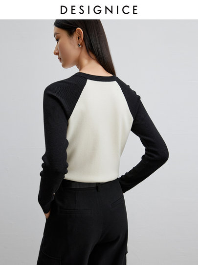 Disenis 2024 winter new commuter style design slim top with front shoulder slim cardigan round neck for women