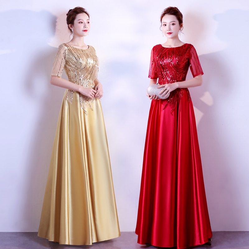 New Style Choir Performance Dress for Women, Long Skirt for Hosting Banquets, Middle-Aged and Elderly Choir Conductor Sequin Slimming Evening Dress