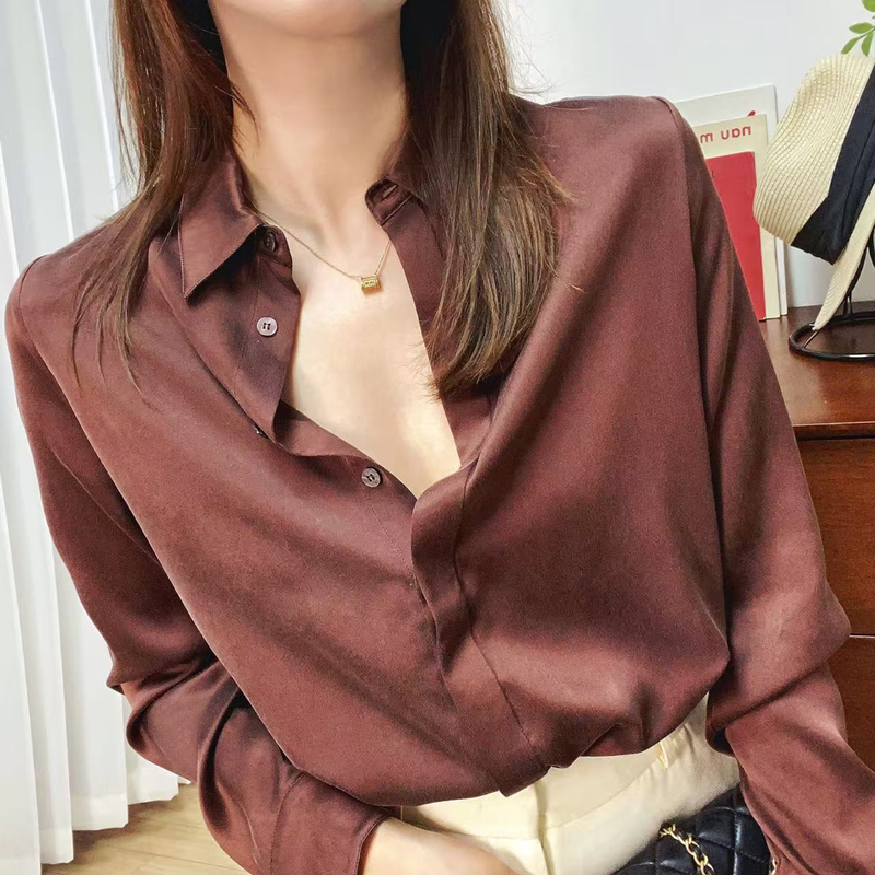 Rich Chocolate~Th Original Single Luxurious Old Money Deep Brown Chocolate Color Sand Washed Satin Silk Long Sleeve Shirt