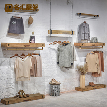 Clothing store display rack Wall shelf combination solid wood floor Childrens clothing rack Womens store hanging clothes rack