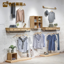 Clothing store display rack on the wall simple side hanging clothes pole womens store decoration wall-mounted vintage solid wood display shelves