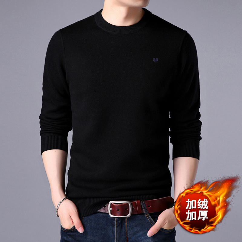Áo len nam mùa đông cashmere cổ tròn cộng với áo len dệt kim nhung dày trung niên áo len màu đậm bố rộng cardigan nam