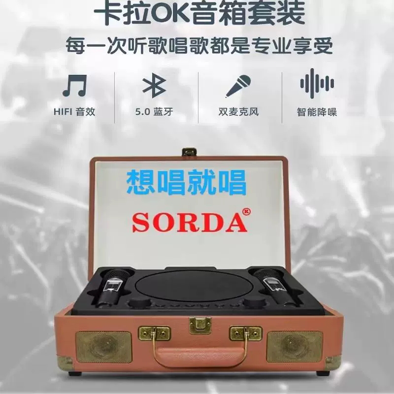 Outdoor Wireless Bluetooth Speaker with Heavy Bass, Portable Hand-Held Leather-Textured Wooden Case, Mobile Phone Karaoke All-In-One Machine