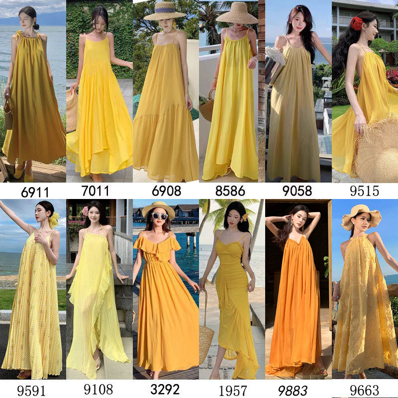 Thailand Sanya Travel Photo Shoot Yellow Beach Dress Super Fairy-Like Loose Plus Size Spaghetti Strap Long Dress Seaside Vacation Dress