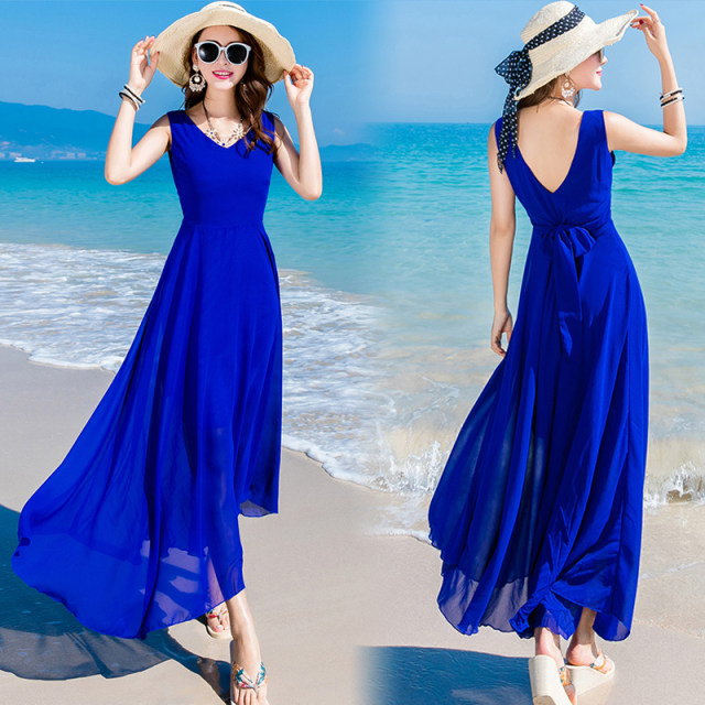 2024 New Bohemian Blue Beach Skirt Korean Version Slim Sanya Beach Vacation Long Skirt Dress for Women