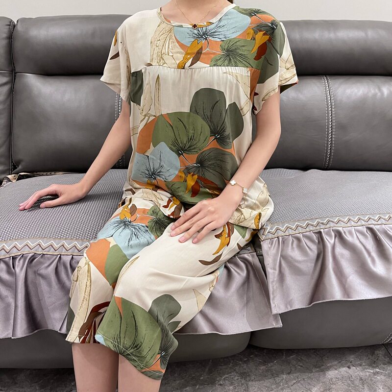 Lady New Cotton Silk Artificial Cotton Slim home Suit Mom Mid Youth Short Sleeve Seven Pants Two-piece Style Suit