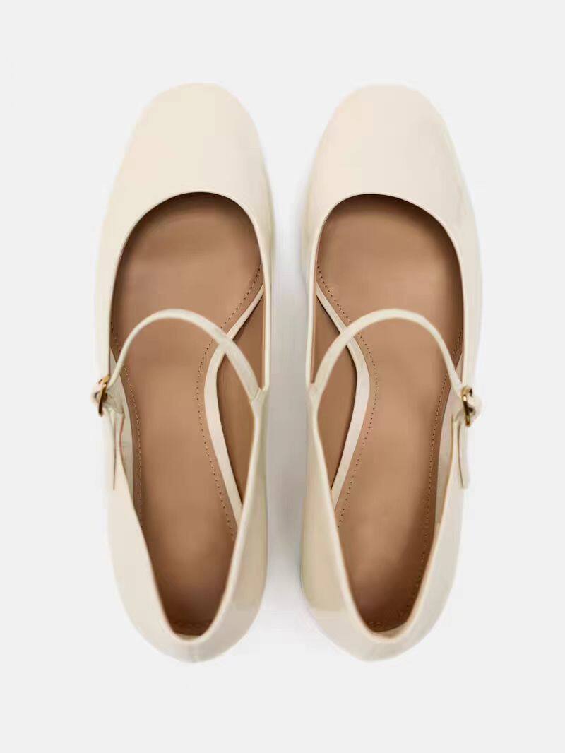 Туфли Мэри Джейн 西班牙2024春季新品方头浅口中空女鞋淡米色玛丽珍芭蕾风高跟凉鞋