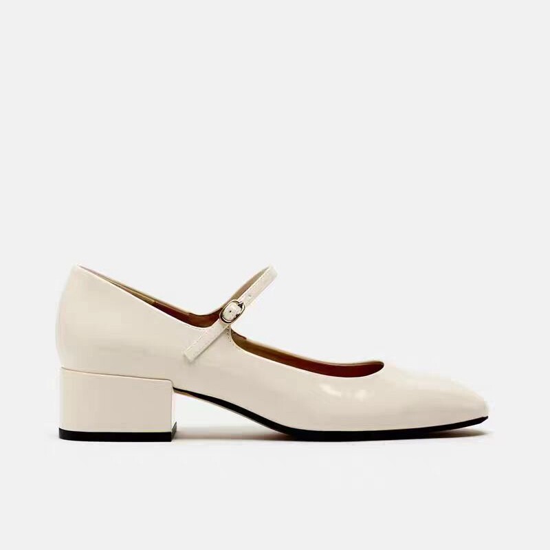 Туфли Мэри Джейн 西班牙2024春季新品方头浅口中空女鞋淡米色玛丽珍芭蕾风高跟凉鞋
