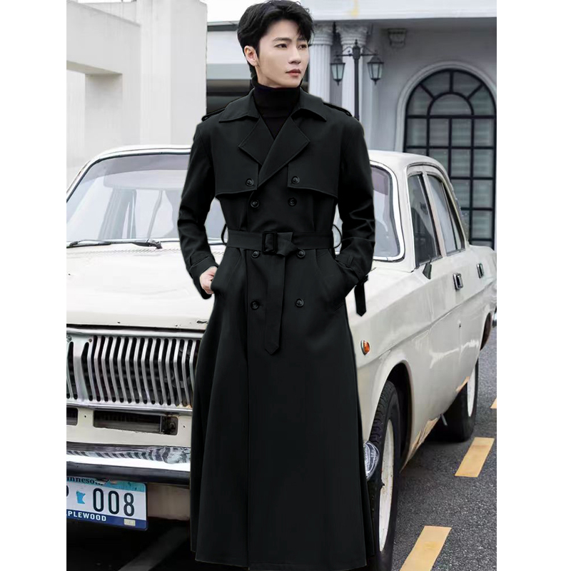 Новая весенне-осенняя мужская ветровка сверхдлинной длины до икр, тонкая и красивая, стильная уличная повседневная двубортная британская куртка