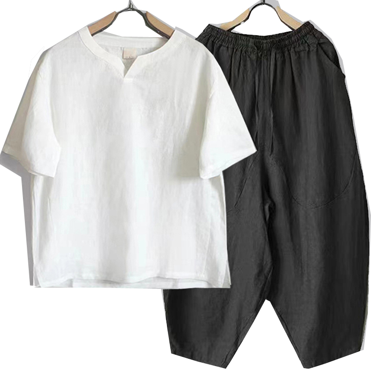 Summer Cotton and Linen Two-Piece Set, Loose and Oversized, Casual Thin Style, Cotton-Linen Short-Sleeve Top and Cropped Pants Set