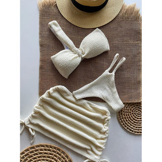 2025新款欧美纯色沙滩裙三件套泳衣女士性感比基尼泳装度假游泳衣