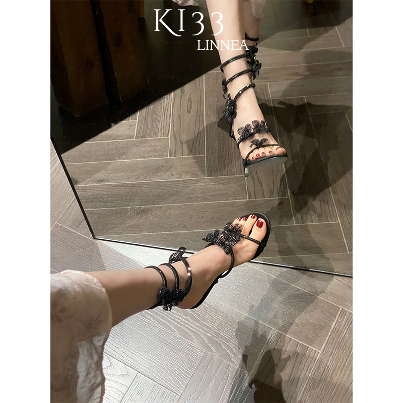 Linnea Socialite Style Rhinestone Strap Stiletto Open-Toe Sandals Snake-Shaped Winding High Heels Fairy Crystal Shoes