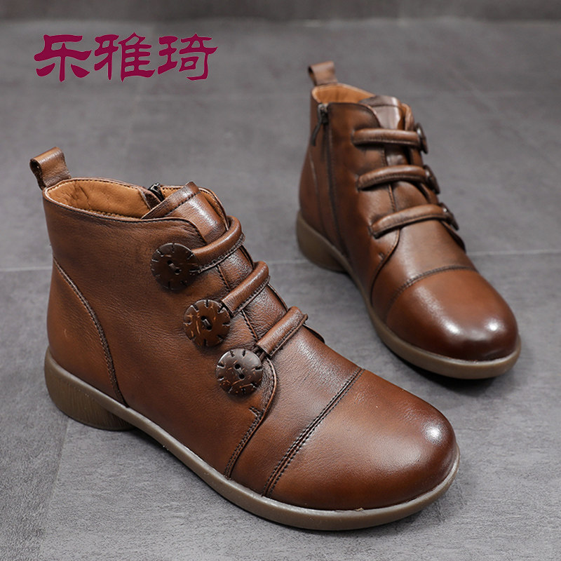 Retro Martin boots female British style mother shoes cotton boots leather middle-aged and elderly square heel velvet short boots tendon bottom cotton shoes