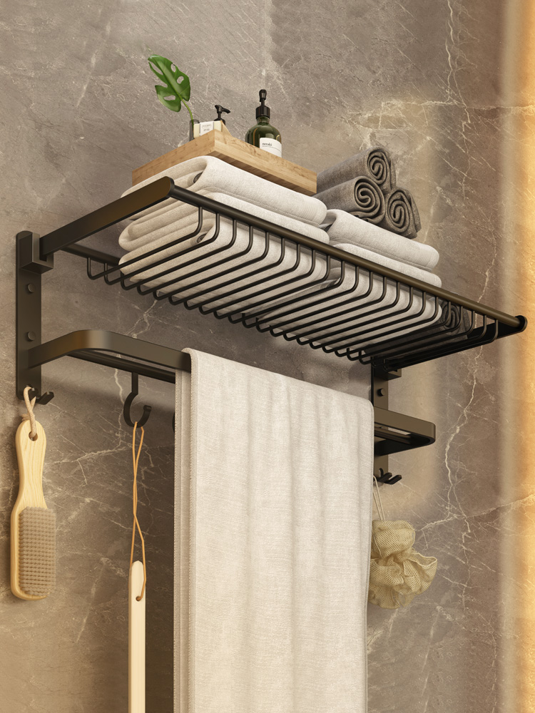 Makeup Room Hair Towel Rack Free of perforated bathroom mesh basket Toilet Wall-mounted Black Bath Towel Rack Bathroom shelf