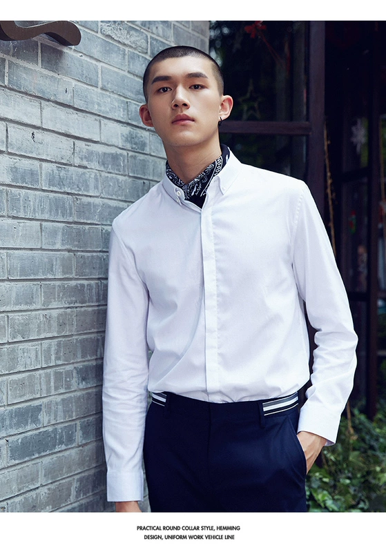 Áo thun tay dài nam cotton 2018 xuân hè mới phiên bản Hàn Quốc của xu hướng thời trang trẻ trung áo sơ mi trắng trơn
