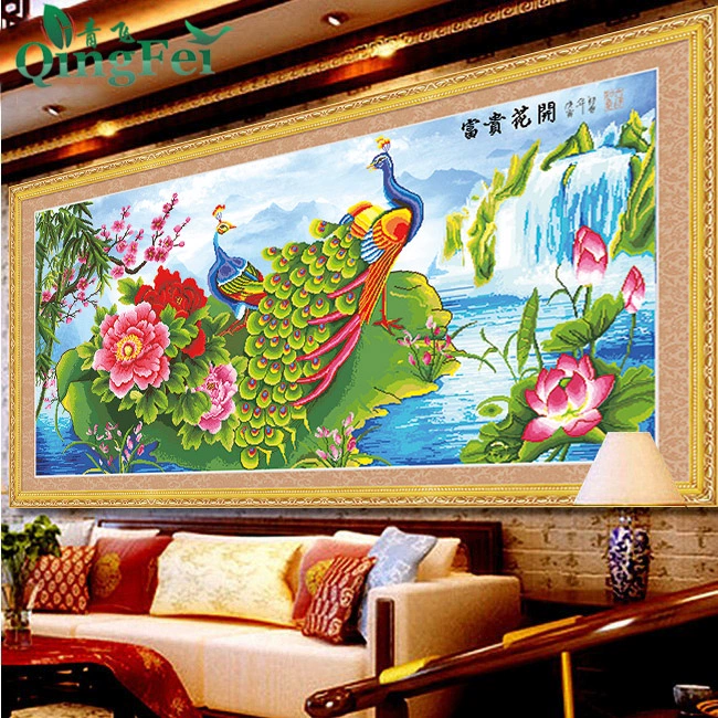 Màu xanh lá cây bay 5D nở giàu con công cross stitch nở con công kim cương khâu sơn phòng khách - Công cụ & phụ kiện Cross-stitch