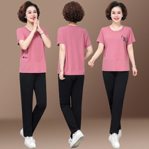 2021 summer mother dress thin middle aged and old loose round neck short sleeve T-shirt trousers sports suit women