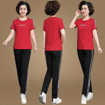 2021 summer round neck short sleeve T-shirt trousers leisure sports suit women middle-aged and elderly mother sports clothing