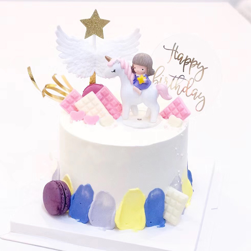 Unicorn cake decoration decoration pink castle cartoon net celebrity birthday plug-in riding girl horse decoration